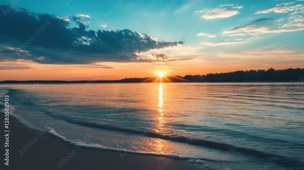Poster beautiful sunset over calm water with clouds and vibrant colors in the sky reflecting on the lake. g