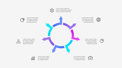 Illustration of a circular infographic with 7 arrows. Modern design with minimalist style highlighting key business ideas