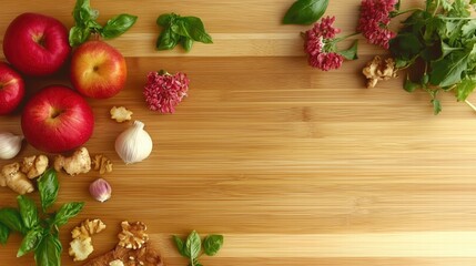 Fototapeta premium Fresh vegetables, spices on wooden table, vibrant, healthy, rustic layout.