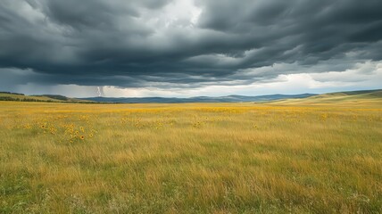 Obraz premium Golden Wildflower Field Under Dramatic Storm Clouds