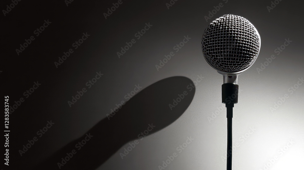 Poster modern microphone casts a book-like shadow, merging sound and storytelling in minimalism