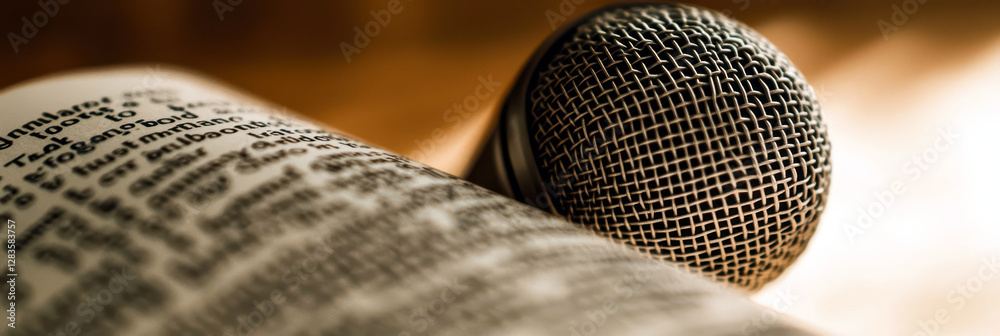 Poster modern microphone creates a shadow resembling a book, blending storytelling and technology