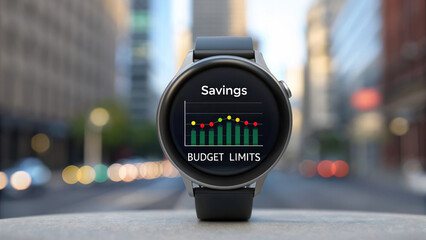 Fototapeta premium smartwatch displaying savings progress and budget limits in urban setting