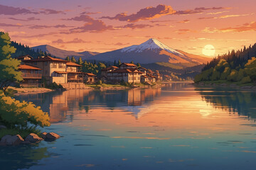 Fototapeta premium Warm Beige houses by a tranquil lake, Sunset Orange sky, peaceful mountain view in anime style