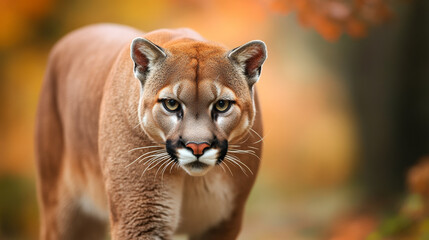 Obraz premium Majestic puma in golden sunlight with soft bokeh background, close-up of wild mountain lion with piercing gaze, powerful predator in natural habitat, feline wildlife photography for nature themes