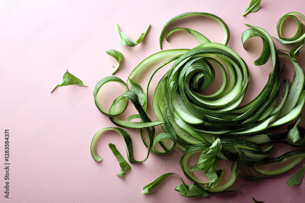 Aufkleber Artistic Spiral of Cucumber Peel With Delicate Green Curls on a Soft Pastel Background