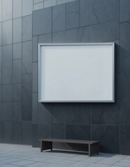 A large framed blank sign on the wall with a bench