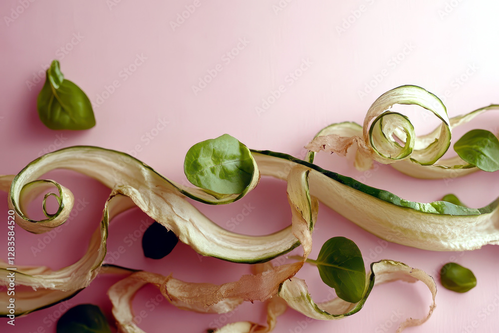 Poster spiraling cucumber peel artfully situated against a soft pastel background in a serene setting