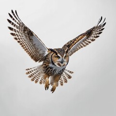 Fototapeta premium A minimalist digital painting of an owl in flight, its wings forming elegant shapes, with a pure white background.