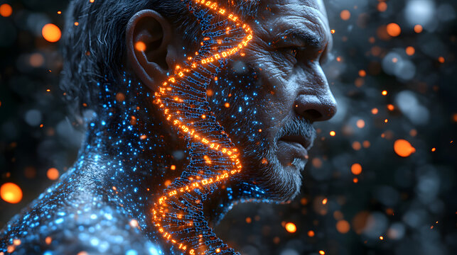 Mind of Innovation: A profile portrait of a senior man, radiating an aura of technological advancement and mental prowess.