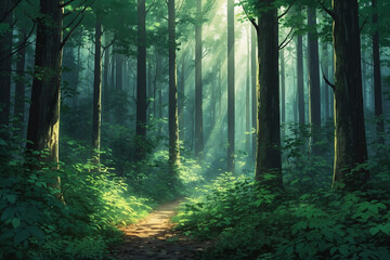 Fototapeta premium Dense forest with Forest Green leaves and Mystic Gray fog, magical sunlight beams in anime style