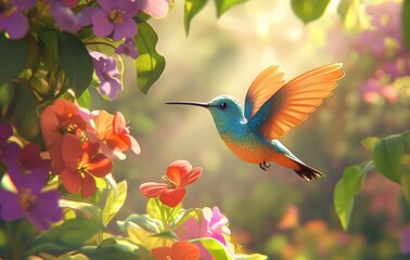 Fototapeta premium A colorful hummingbird sipping nectar from vibrant flowers in the garden, showcasing its fast, graceful flight and delicate wings 