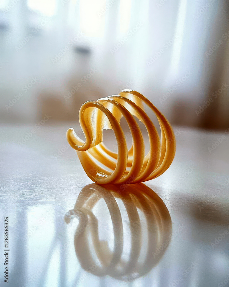 Poster delicate golden butter curl glistens on a neutral surface capturing minimalistic elegance