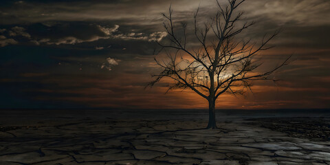 Fototapeta premium Impact of pollution on arid landscapes drought-stricken area environmental photo dramatic sunset conceptual vision