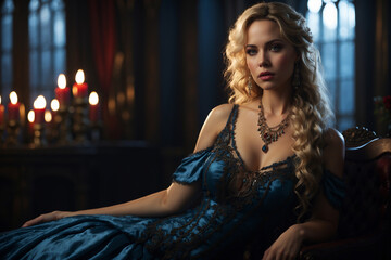 Fototapeta premium Blonde Noblewoman in a Candlelit Castle: A Regal Medieval Portrait.