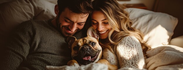 Couple cuddling dog in bed, sunlight streaming in. Lifestyle photo
