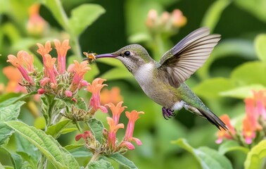Fototapeta premium A colorful hummingbird sipping nectar from vibrant flowers in the garden, showcasing its fast, graceful flight and delicate wings 