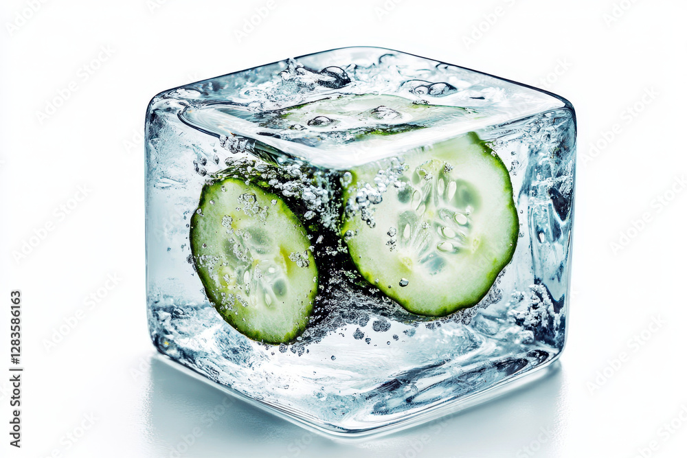 Poster Refreshing Cucumber Ice Cube Captures the Essence of Chill and Minimalism on a Bright Background