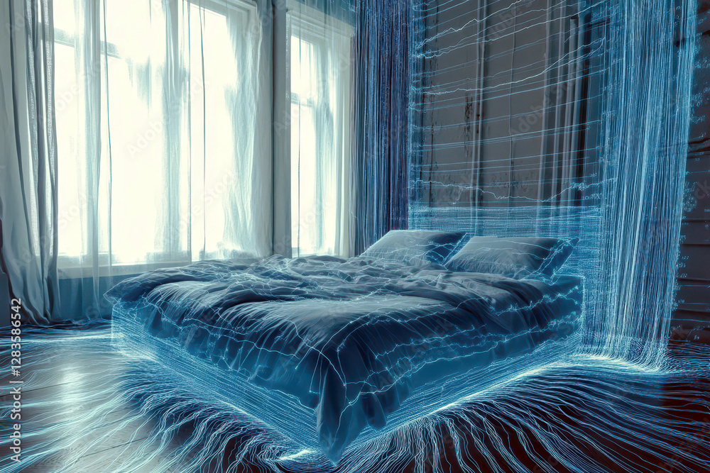 Poster innovative holographic interface transforming sleep quality data in modern bedroom setting