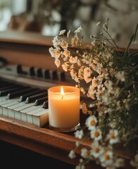 Lit Candle Near Piano and White Flowers with Natural Warm Light and Soft Focus