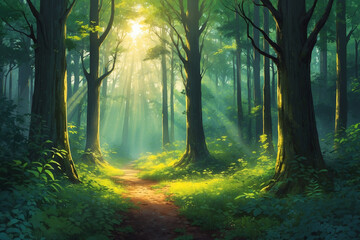 Obraz premium Enchanted forest with Mystic Gray mist, Sunbeam Yellow rays, lush greenery, serene scene in anime style