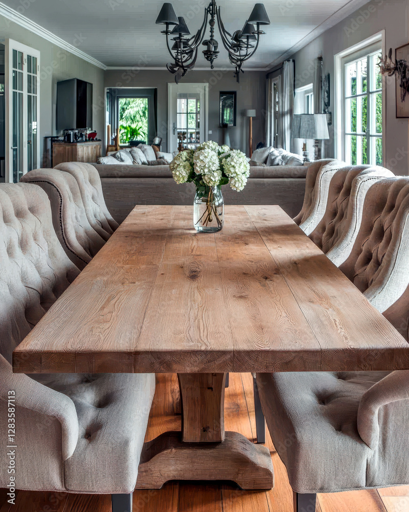 Poster elegant dining setup with wooden table and inviting armchairs in a cozy space