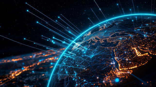 Digital Global Grid with Data Connections and Neon Blue Lines