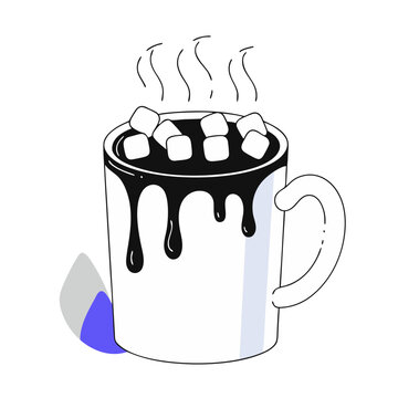 recommend clip art: Minimalist steaming hot chocolate with marshmallows and dripping chocolate in a mug. Modern, monochrome, and stylish vector illustration.
