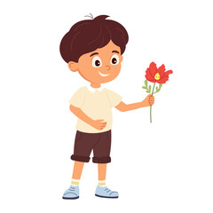 Cute baby boy holding red flower Happy child presenting poppy flower Cartoon character design for Mother's Day or Women's day greeting card, flyers, invitation Flat vector illustration isolated