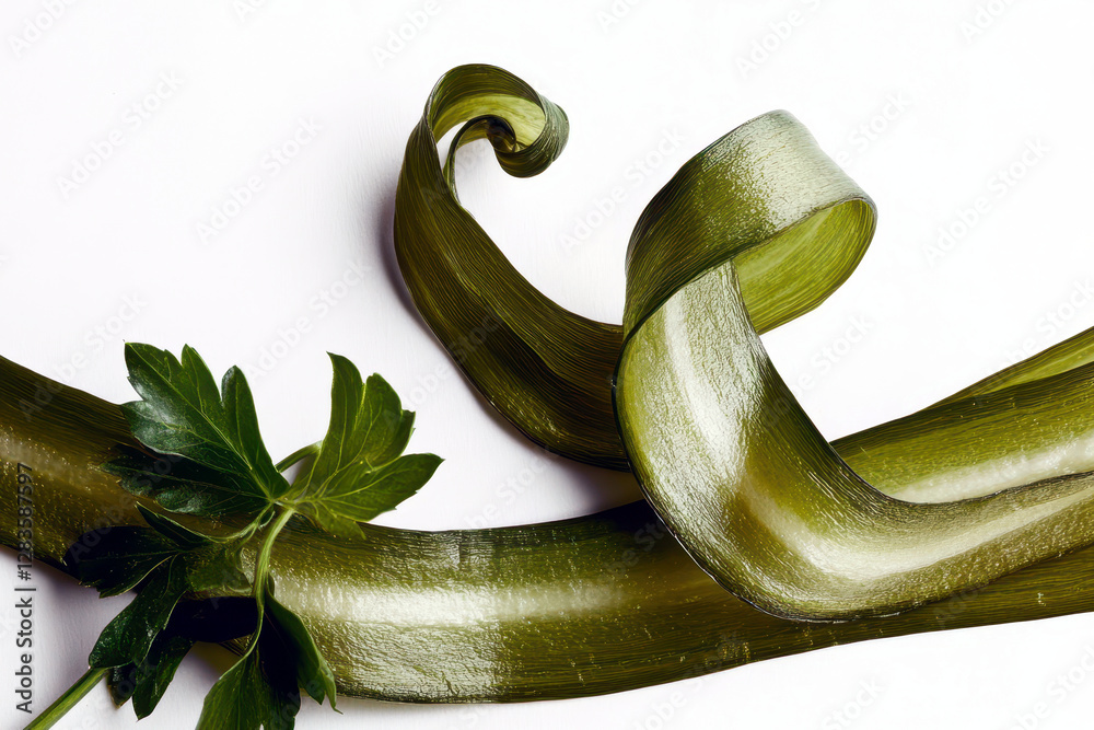 Poster peeled cucumber ribbon elegantly flowing alongside fresh herb garnish in a minimalist setting