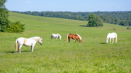 Fototapeta premium Horses grazing in a grassy field on a sunny day. Possible use Stock photo for nature, farm, or animals