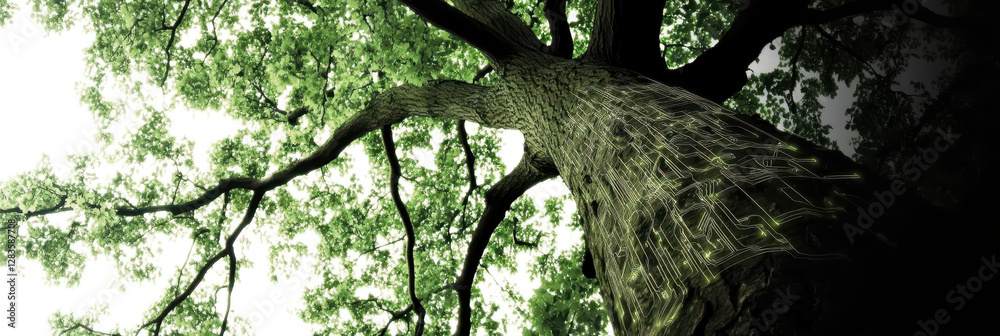 Aufkleber tree of life intertwined with technology revealing glowing circuits beneath the bark