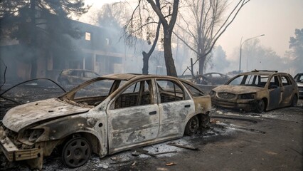 Dramatic scene of two burned cars surrounded by a forest fire's devastation.  Illustrates the ferocity and destructive capability of wildfires in natural environments
