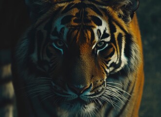 Close-up of the face and head of an African lion, with its eyes looking at the viewer, high-resolution photography, copy space on one side, 