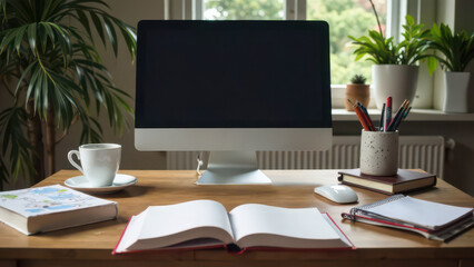 Fototapeta premium workplace office for work, laptop on the table, a cup of tea or coffee nearby, remote work, online learning, business from home, work-life balance 
