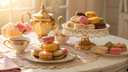 A beautifully arranged afternoon tea display with a vintage-style gold teapot, floral teacup, and a three-tiered server laden with assorted macarons and small cakes. Inviting and delicious
