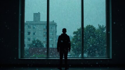 Fototapeta premium A lonely silhouette of a person standing by a rain-streaked window, melancholic mood,isolation, loneliness, alone 
