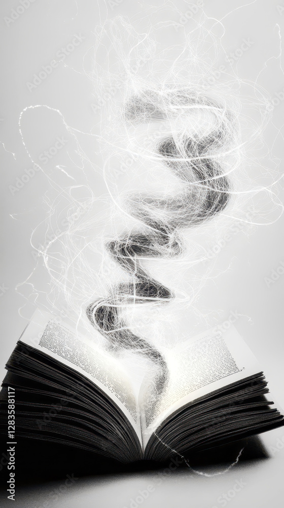 Poster curved sound waves rise from an open book, depicting the harmony of storytelling and imagination
