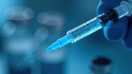 A close-up of a syringe with a vaccine inside, medical environment, medicines and the fight against diseases, epidemics and pandemics	
