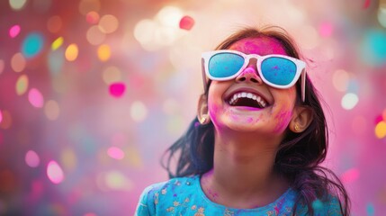 Holi Rangpanchmi Portrait of a young girl in a blue lehenga, wearing white sunglasses, laughing with her face towards the sky, while vibrant colors float gently around her
