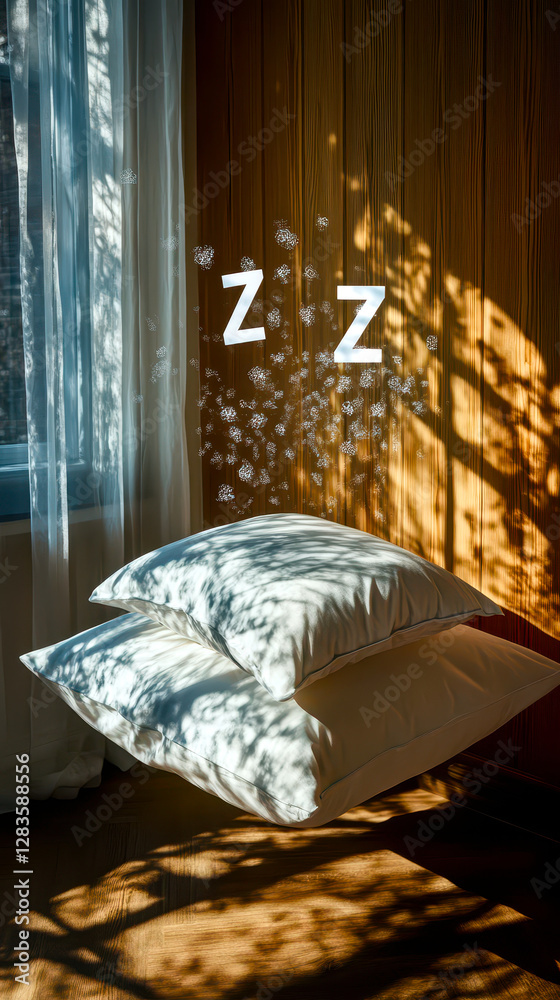 Poster Experience Deep Relaxation With Soft Pillows and Dreamy Z Symbols Floating in Serene Light