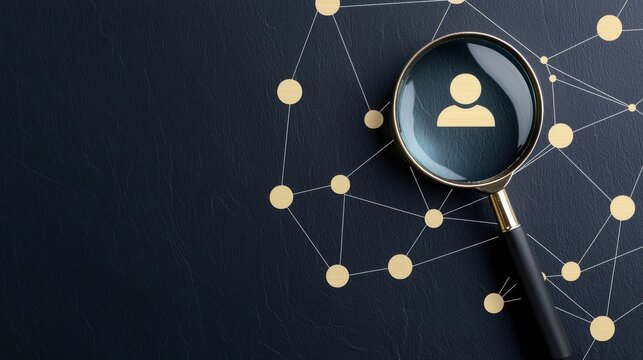 Precision marketing and customer focus, magnifying glass zooming in on a standout user icon in a digital network