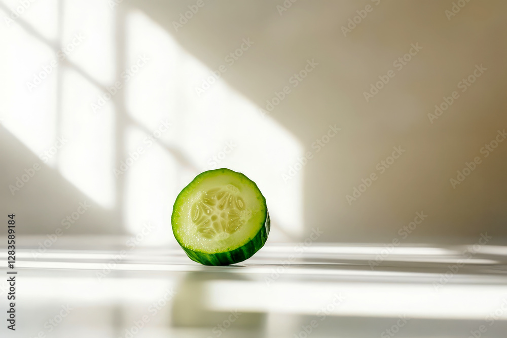 Poster floating cucumber half showcases minimalism and purity against a serene background