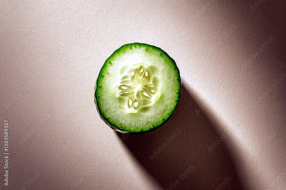 Poster neatly cut cucumber half suspended in soft light evokes a sense of purity and minimalism