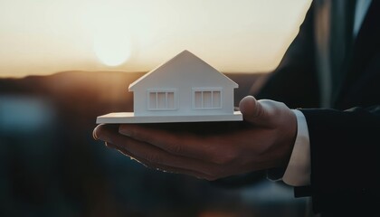 Property market and housing finance, businessman holding a house model, symbolizing home buying, real estate development, and investment