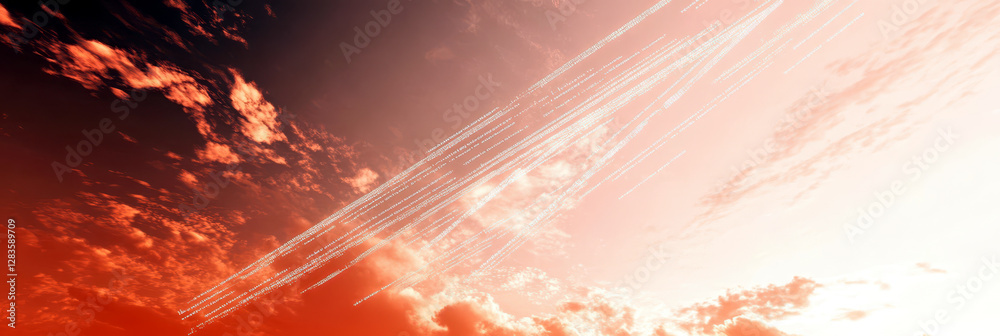Poster glowing lines of code drift peacefully across a serene sky at twilight