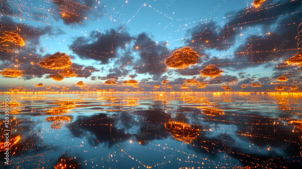 Leinwandbilder floating lines of code intertwine with a tranquil sky reflecting upon a serene water surface