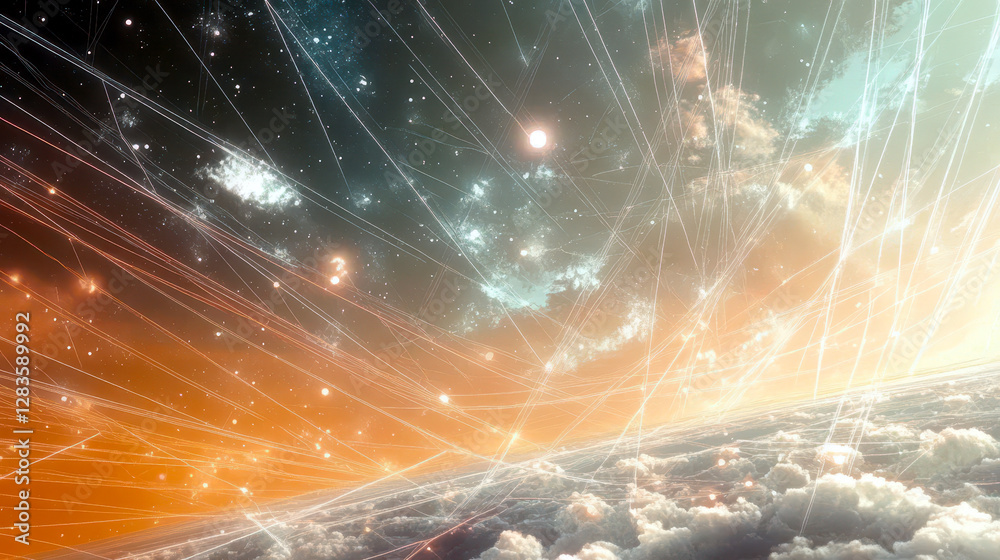 Poster softly glowing clouds of code dance across a tranquil sky at dusk