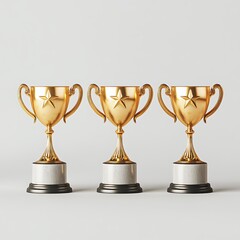 Three Golden Trophy Cups with Star Isolated on White Background