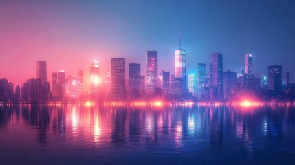 Fototapeta premium Vibrant Cityscape at Night with Neon Pink and Blue Lights Reflected in the Water